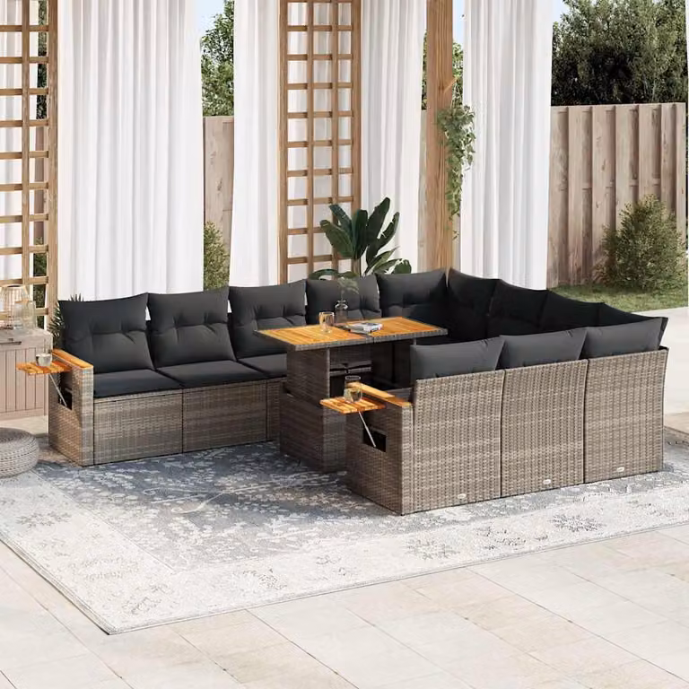 Set Divani da Giardino vidaXL 11 Pezzi in Polyrattan e Legno di Acacia Grigio con Cuscini e Tavolino