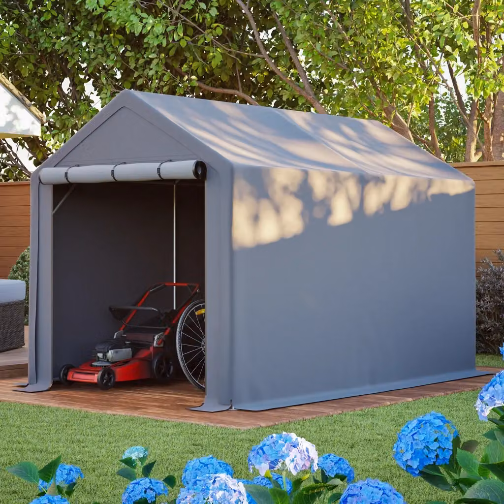 Casetta da giardino OKWISH in acciaio zincato grigio scuro con porta avvolgibile per bici e attrezzi L: 296 cm, P: 190 cm, H: 200 cm – 2