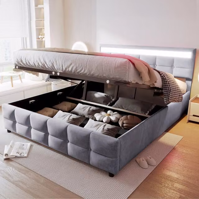 Letto imbottito 180 x 200 cm con luci LED, rete a doghe, contenitore idraulico, velluto olandese - Grigio
