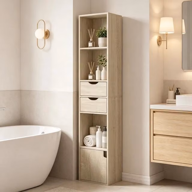 Libreria moderna MIVRAY con 3 vani aperti, 2 cassetti e armadietto, ripiano regolabile, beige rovere chiaro, L 30 cm x H 157.5 cm x P 24 cm