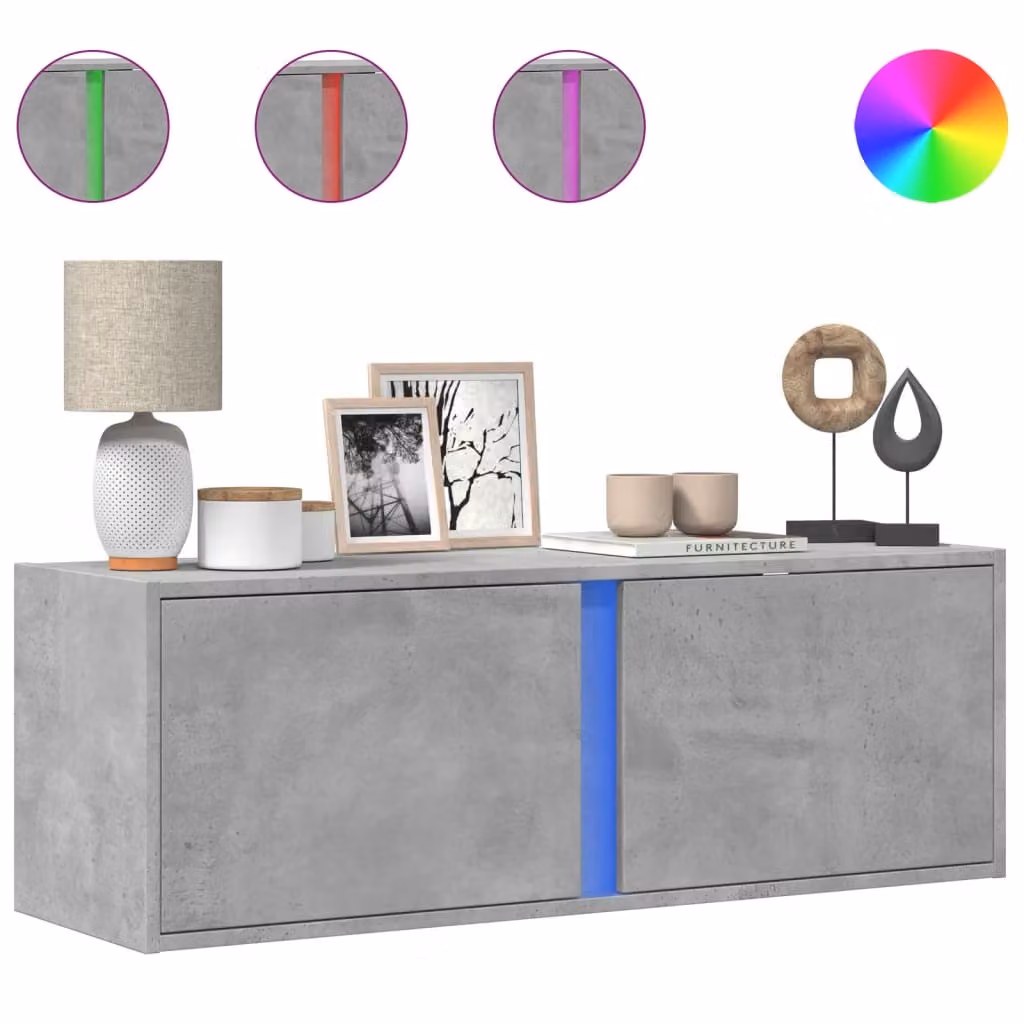 Mobile TV a Parete con Luci LED Grigio Cemento 100x31x35 cm