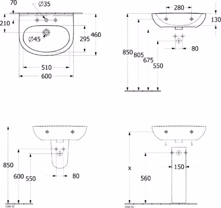Lavabo Villeroy & Boch O.novo, 4A4060, 600 x 460 mm, ovale, vasca centrale, 1 foro per rubinetto (centrale, passante), con troppopieno, bianco alpino, 1 pz.