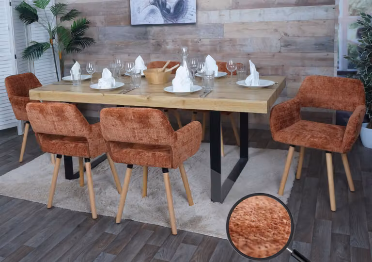 set di 6 sedie da pranzo HWC-A50 II, sedia da cucina imbottita, legno tessuto/ceniglia (465g/m²) ~ terracotta