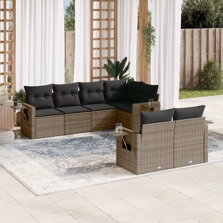 vidaXL Set Divani da Giardino 7 pz in Polyrattan Grigio con Cuscini e Tavolino