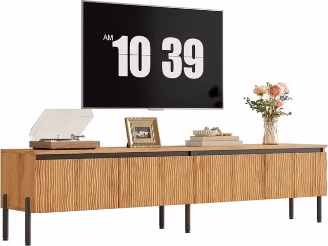 Mobile TV con 4 porte ondulate, vano chiuso con passaggio cavi, struttura in PB+MDF, piedi in metallo
