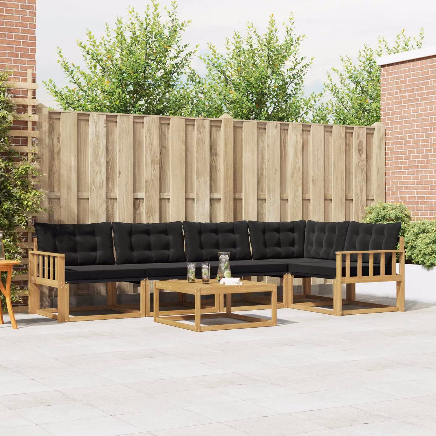 Set di divani da esterno vidaXL a forma di L con tavolo da caffè, composto da 6 pezzi in legno di acacia trattato e tessuto textilene, colori bianco, nero e marrone