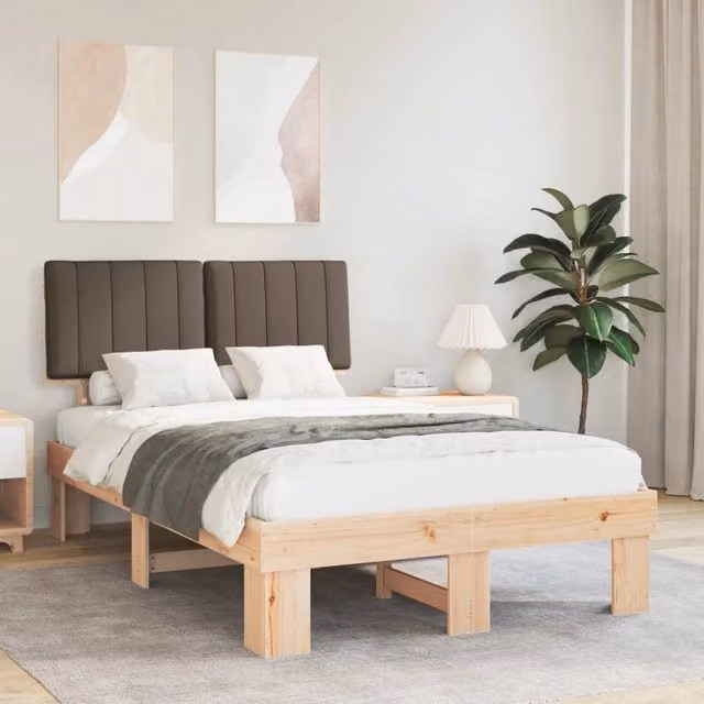 Letto moderno vidaXL in pino massello con testiera rivestita in tessuto beige e grigio L/P/H: 120 x 200 x 93 cm – 1