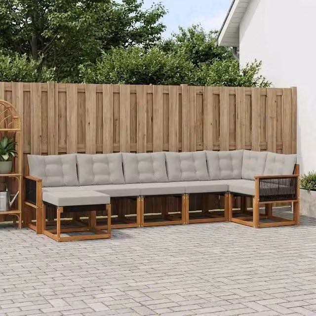 Set di divani da esterno a L vidaXL in legno di acacia con cuscini, colore marrone e grigio chiaro