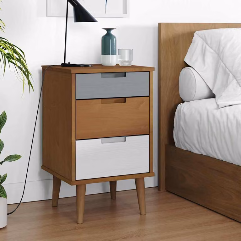 Comodino MOLDE vidaXL in legno massello di pino marrone, stile scandinavo, L 40 cm x P 35 cm x H 65 cm