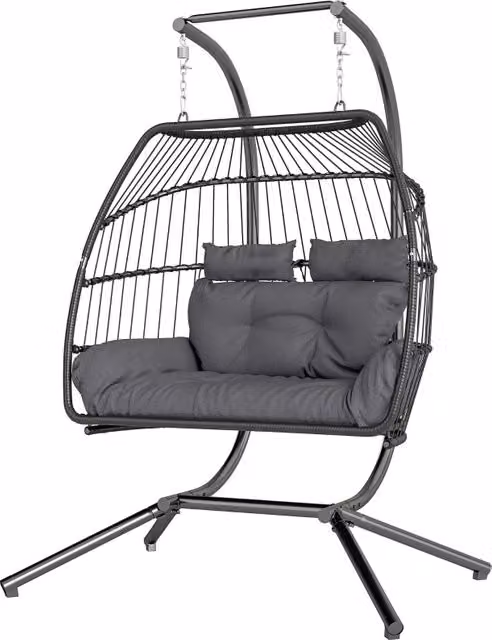 Sedia sospesa con struttura pieghevole per 2 persone in polyrattan per balcone e terrazzo grigio scuro