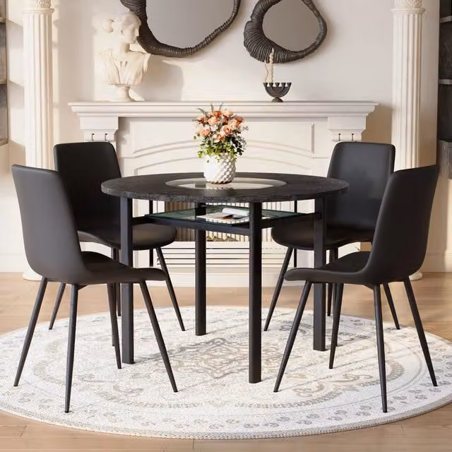 Set tavolo rotondo 100 cm con 4 sedie in PU; MDF e metallo marrone nero