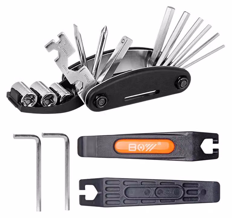 Kit di riparazione per bicicletta, multiasse 16 in 1, nero, in nylon e metallo, adatto per mountain bike, bici da corsa, bici pieghevoli e biciclette per bambini
