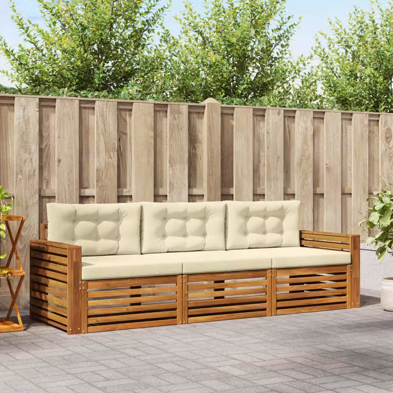 Set di divani da esterno vidaXL in legno di acacia trattato con cuscini beige e bianchi