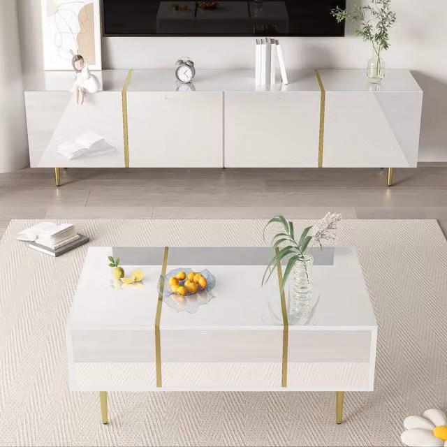 Set di 2 unità composto da Mobile TV e Tavolino REDOM in MDF Bianco lucido e dettagli Oro per il tuo soggiorno