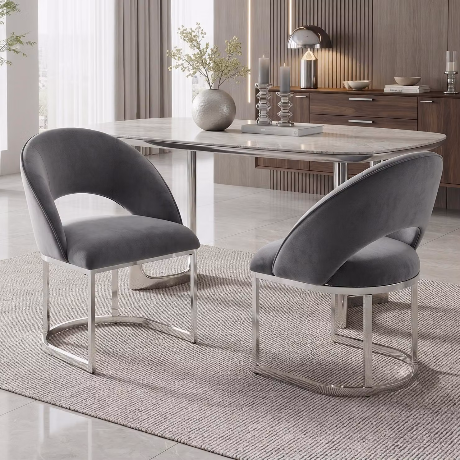 Set di 2 sedie da pranzo Flieks, con gambe argentate, rivestite in tessuto boucle, ideali per ristoranti, soggiorni e cucine. Sedie imbottite, colore grigio e argento
