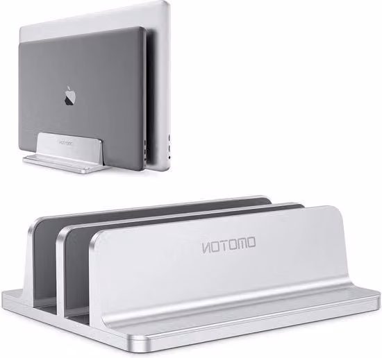 Scaffale verticale in alluminio per laptop con doppia base regolabile fino a 17.3 pollici, colore argento