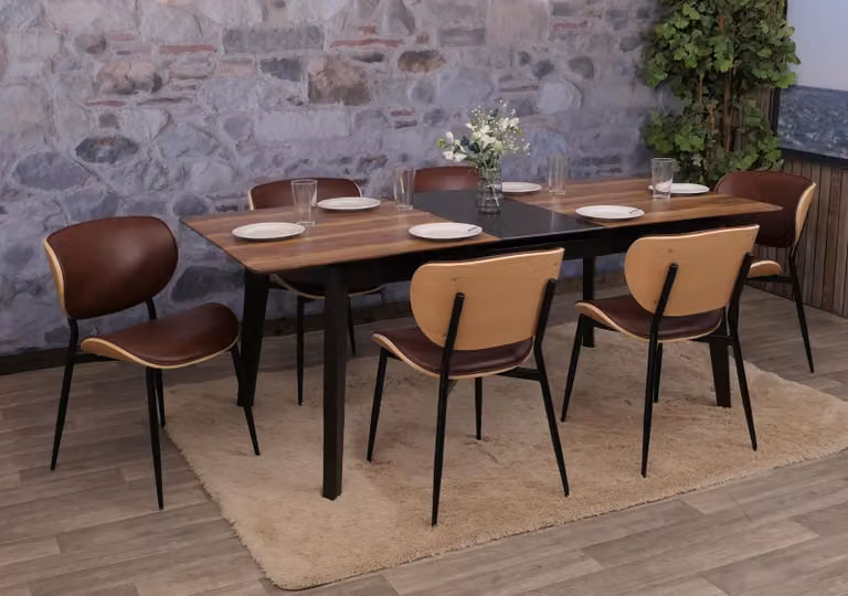 Set di 6 sedie da pranzo, modello HWC-O45, sedia realizzata in legno multistrato, rivestita in ecopelle da 280 g/m², certificata , colore naturale, marrone vintage
