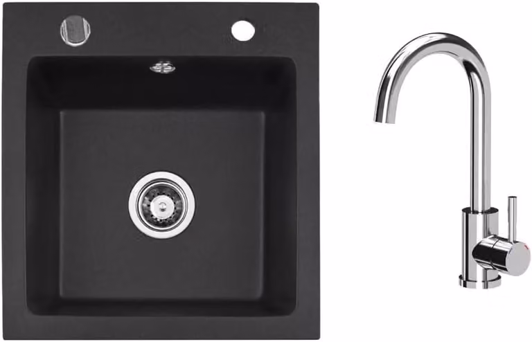 VBChome Lavello in granito 50 x 48 cm Nero con rubinetteria Lavello da incasso a vasca singola Spruzzato Lavello di facile manutenzione con sifone Ideale per cucine piccole