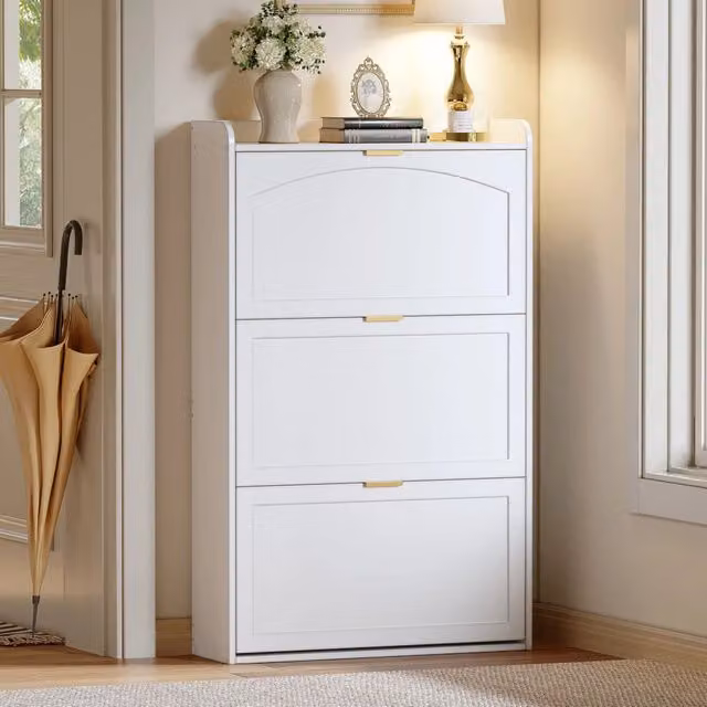 Scarpiera salvaspazio con 3 ante ribaltabili e 3 vani, per ingresso e soggiorno, in truciolare, bianco, 76 × 23 × 118 cm