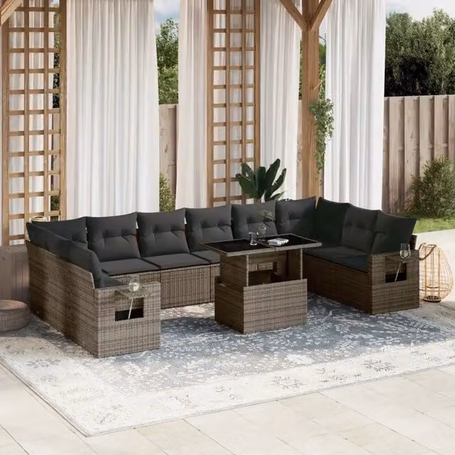 Set Divani da Giardino vidaXL in Polyrattan Grigio con Cuscini, Tavolino e Struttura in Metallo, Composizione a U da 11 Pezzi – 1