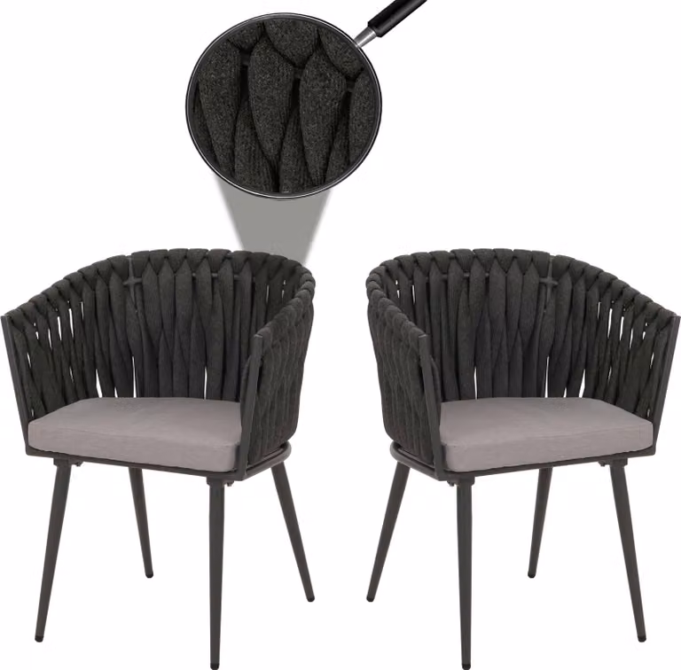 set di 2 sedie da pranzo in alluminio HWC-N38, braccioli per sedie da interno, intreccio in corda di olefina Rope ~ cuscino antracite grigio chiaro