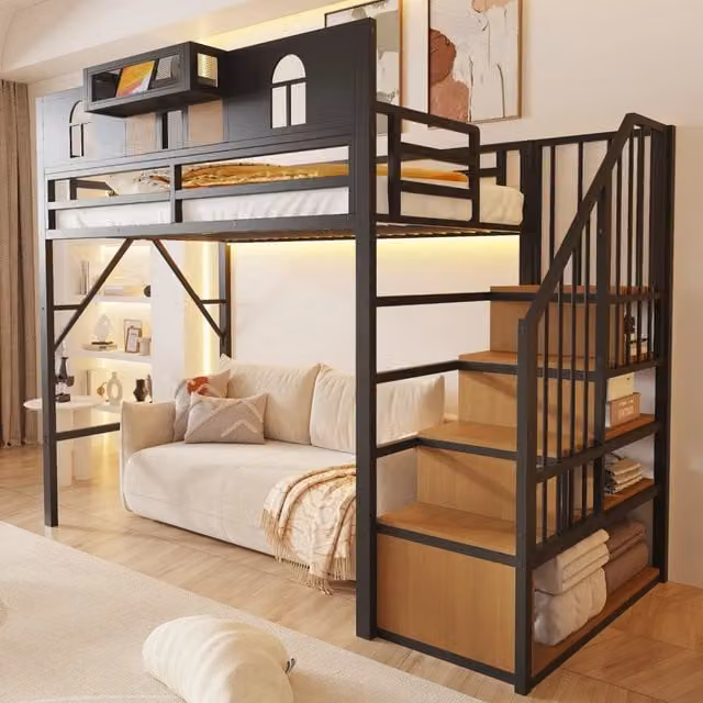 Letto a soppalco in metallo 90x200 cm con scala contenitore e luce; nero