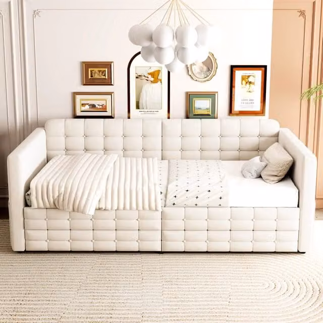 Letto da giorno 90x190cm - divano - letto - cassetti - tasche laterali - velluto - beige