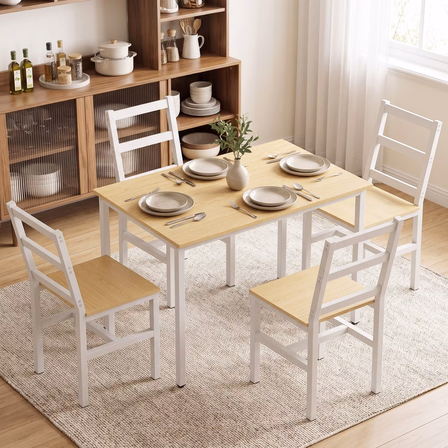 Set da pranzo HOMCOM composto da tavolo rettangolare e 4 sedie con schienale a doghe, colore rovere e bianco – 2
