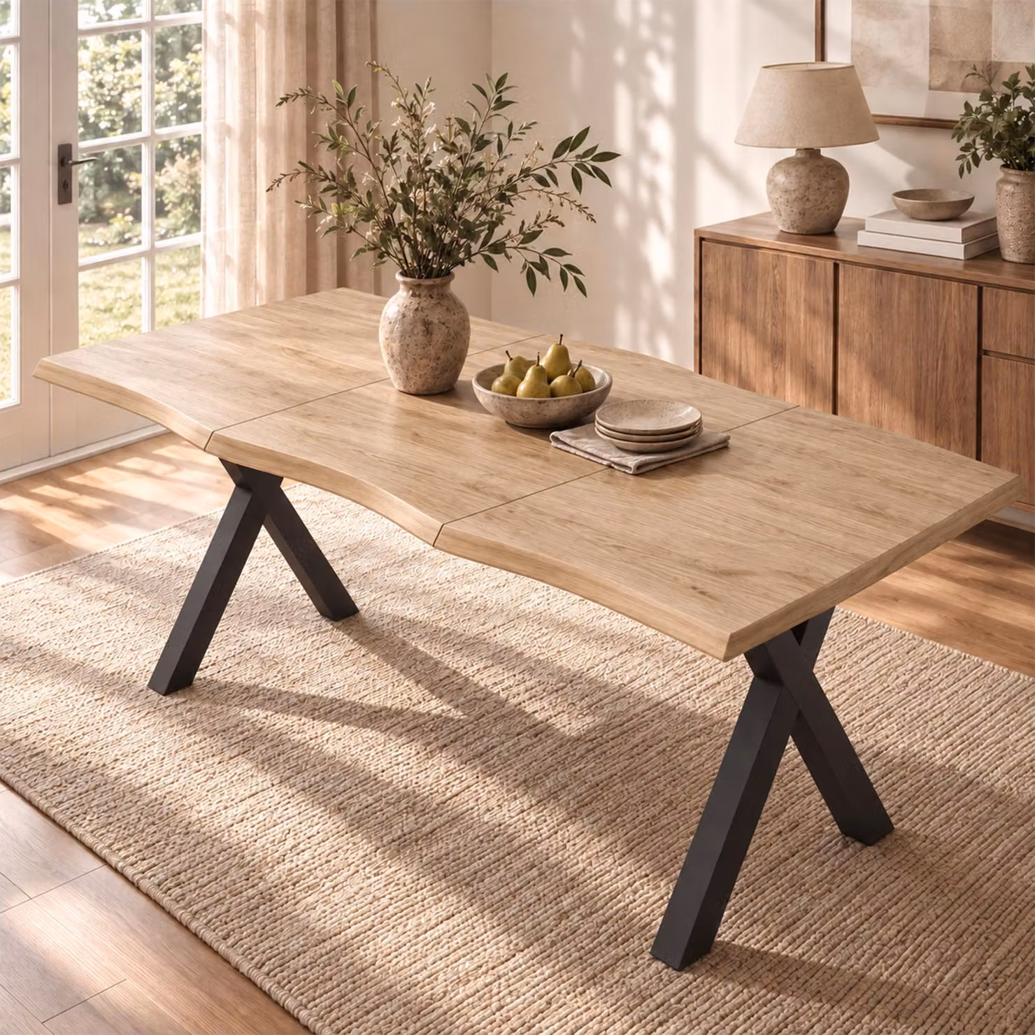 Tavolo rettangolare per 4-6 persone, tavolo da pranzo o da cucina con gambe a forma di X, tavolo adatto per soggiorno e sala da pranzo, finitura in legno