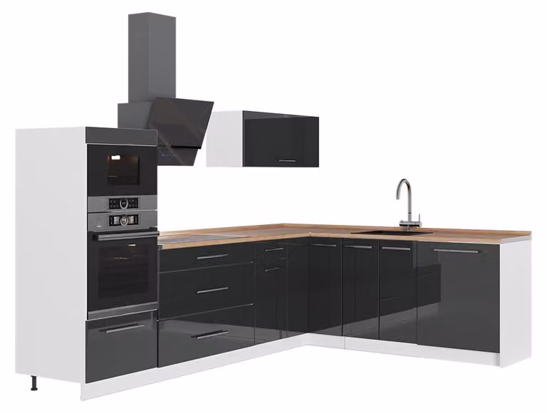 Cucina angolare completa Vicco Fame-Line Antracite lucido/Bianco 287 x 207 cm, PL Rovere, Model 63526