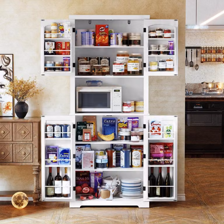 Mobile da cucina con piano di lavoro, mobile alto, mobile per la sala da pranzo, dispensa con ante e ripiani, colore bianco