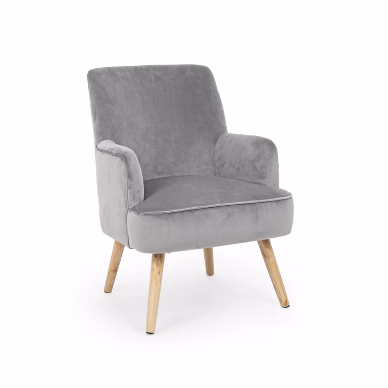 Poltrona ADELINE in tessuto effetto velluto grigio e legno