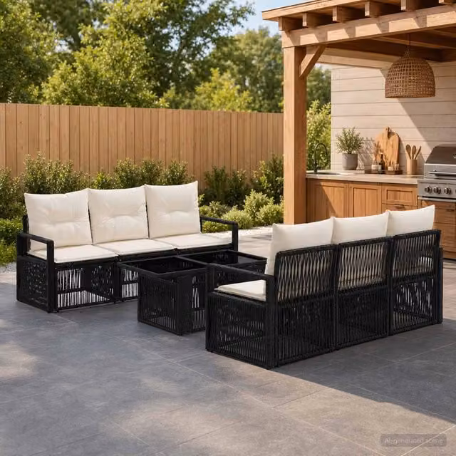 Set Divano da Giardino 7 Pezzi vidaXL in Polyrattan Nero e Bianco Crema con Tavolino e Cuscini Imbottiti – 1