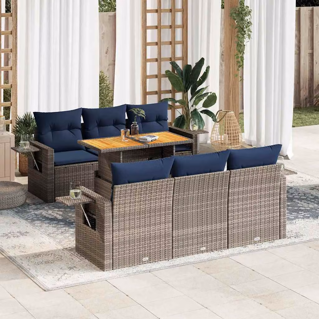 Set di divani da giardino vidaXL 7 pezzi in polyrattan grigio con cuscini e tavolino da esterno