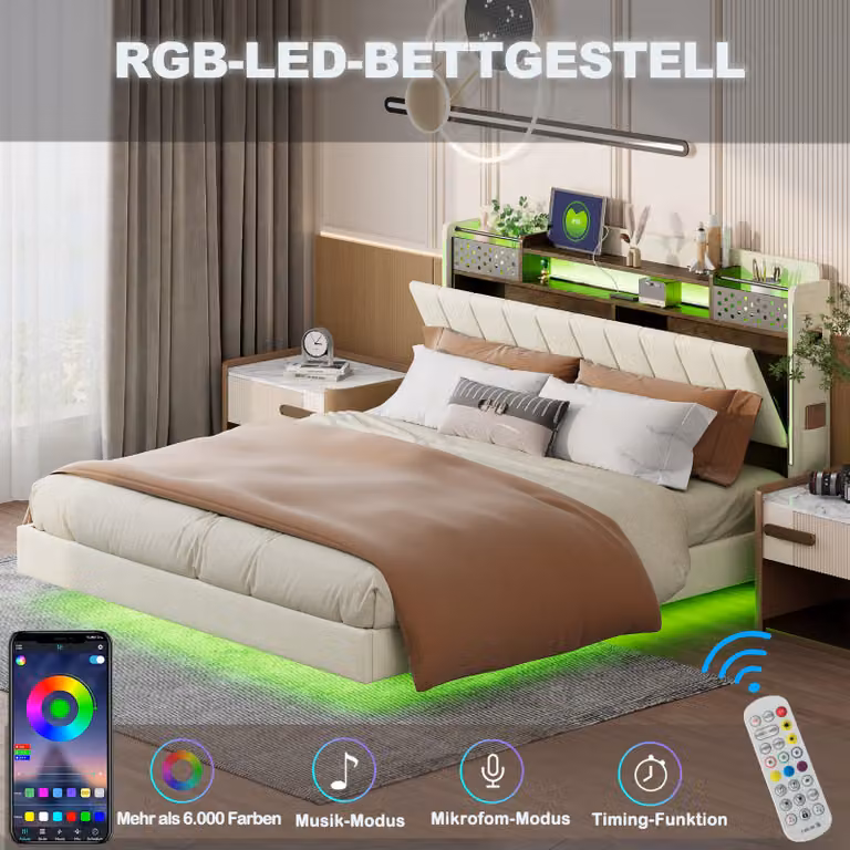 Letto imbottito STILVORA 140x200, letto per ragazzi con testiera con contenitore, letto matrimoniale sospeso con presa di ricarica USB e illuminazione a LED, beige (senza materasso)