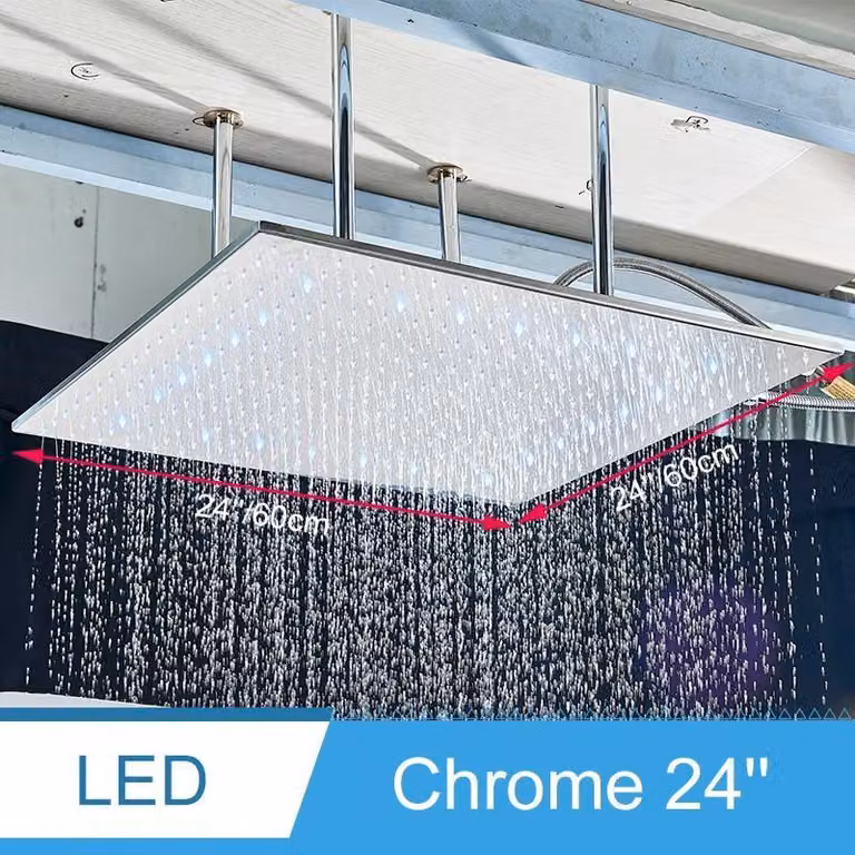Doccia LED - Soffione da 61 cm - LED che cambia colore in base alla temperatura dell'acqua - Soffione a pioggia rettangolare - Realizzato in ottone massiccio - Montaggio a soffitto o a parete - Solo soffione - Finitura cromata spazzolata