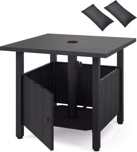 Tavolino da esterno Design Mania nero con foro per ombrellone da 48 cm e sacchetti di sabbia per giardino e terrazza