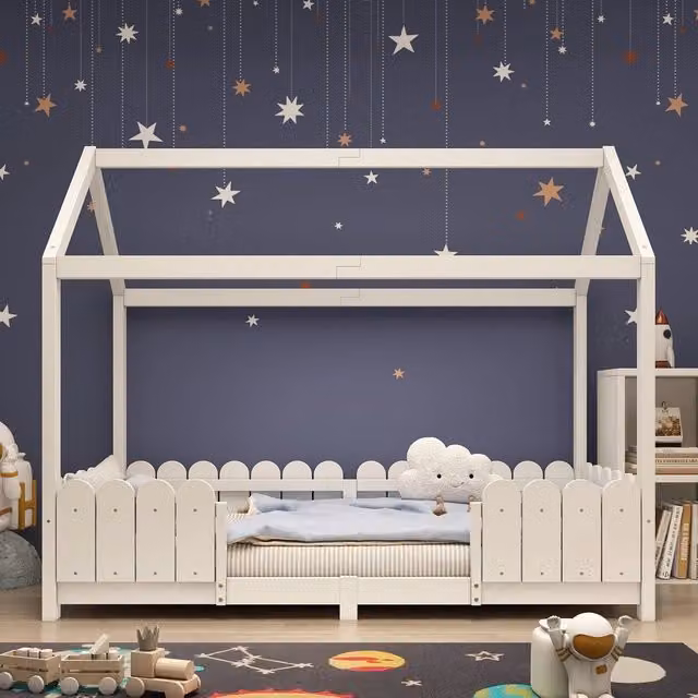 Letto Casa per Bambini 90x200 ¨C MINIMAL ¨C Legno Bianco con Rete a Doghe e Sponda