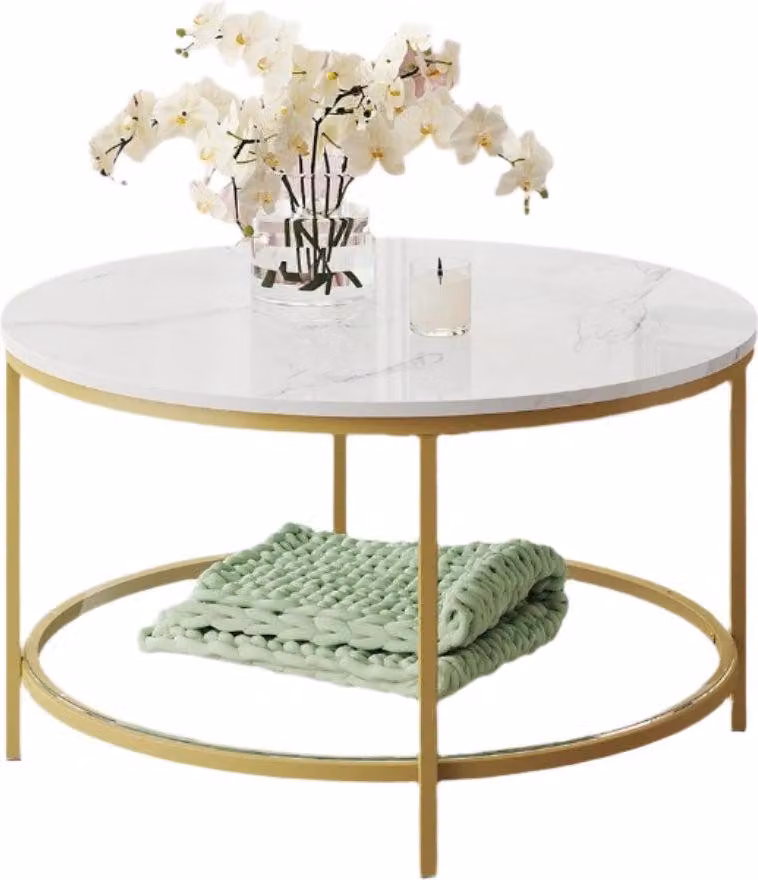 Tavolino da divano - aspetto marmo, bianco e oro - regolabile - diametro 80 cm x altezza 46 cm
