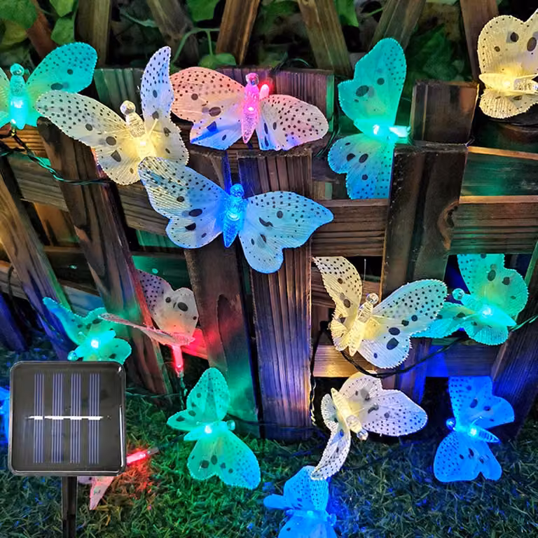 Catena luminosa solare a forma di farfalla, 20 LED, multicolore, grado di protezione IP44