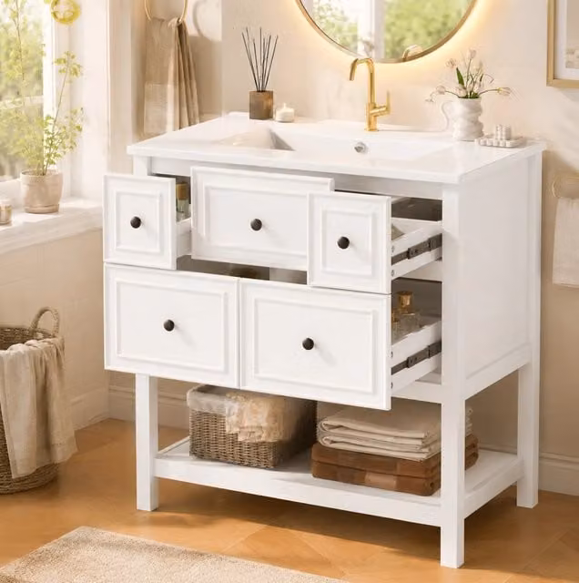 Mobile da bagno bianco con lavabo in ceramica integrato, 76x46,5x82 cm, 5 cassetti e ripiani aperti