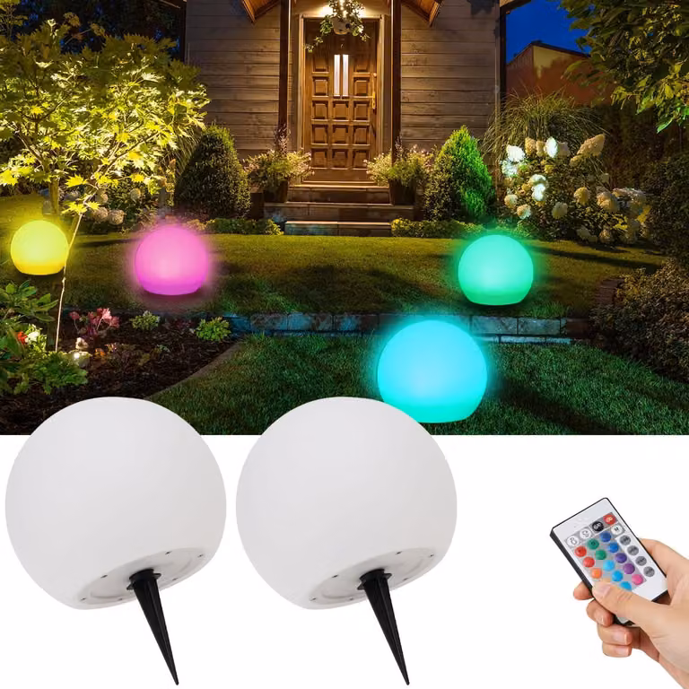 Set da 2 sfere luminose a LED solari, Ø 30 cm, RGBW con telecomando, 60 lm, IP67. Sfere luminose con cambio di colore per giardino e terrazza, resistenti alle intemperie e senza fili