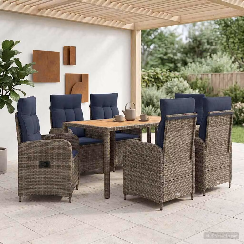 Set da pranzo per esterni vidaXL in polyrattan marrone con tavolo in legno di acacia e 6 sedie, ideale per giardino, balcone o terrazzo