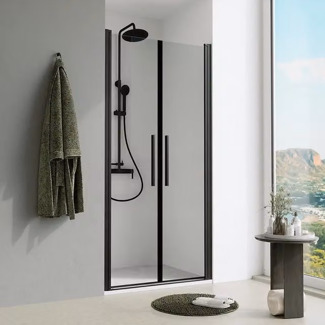 Porta doccia Elba Parama con apertura saloon, profili nero opaco e vetro trasparente da 6mm, L: 70 cm, H: 195 cm