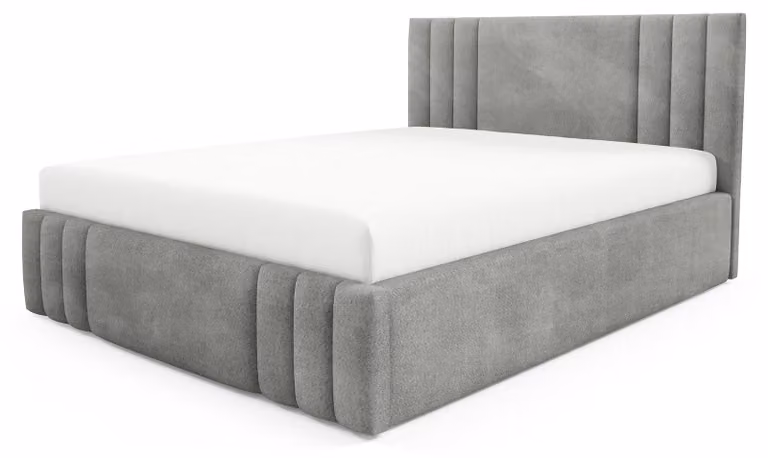 Letto imbottito con contenitore e gonna, colore grigio deserto, dimensioni 160 x 200 cm