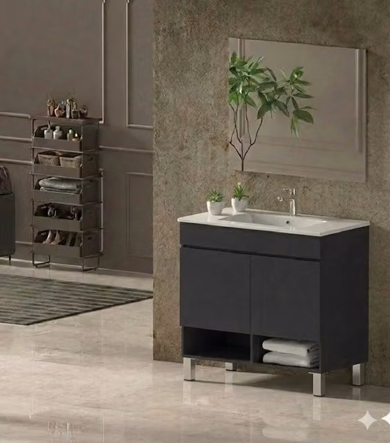 Mobile Bagno NEBARI com gambe Già Montato 2 portas, lavabo e specchio Grafite 100x45 cm