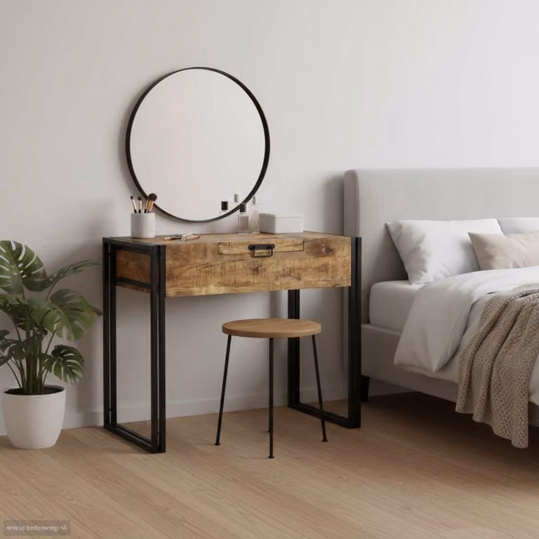 vidaXL Tavolo da trucco in legno di mango massello marrone per camera da letto L: 75 cm, P: 50 cm, H: 90 cm