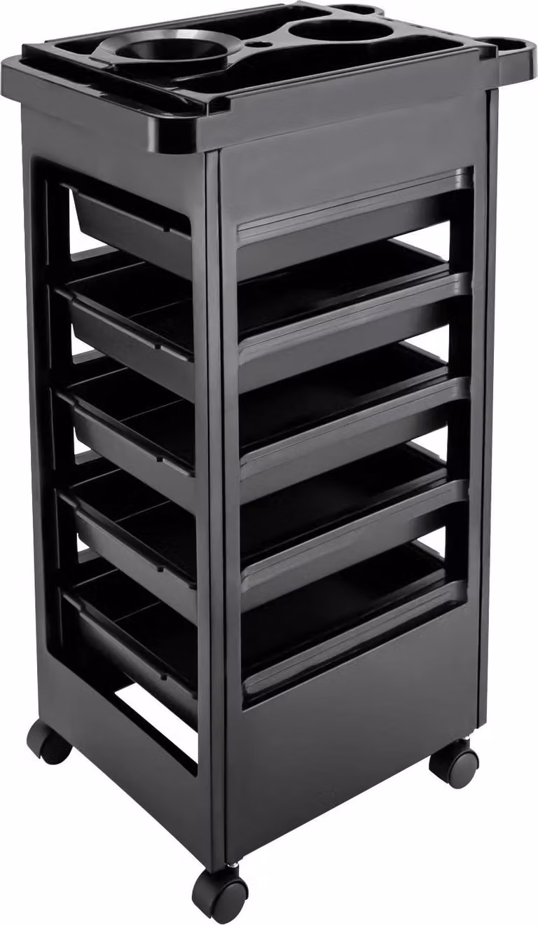 Carrello da parrucchiere - Carrello da salone - 5 cassetti - Supporto per asciugacapelli - 4 rotelle - Impilabile - 50 x 32 x 81 cm - Nero