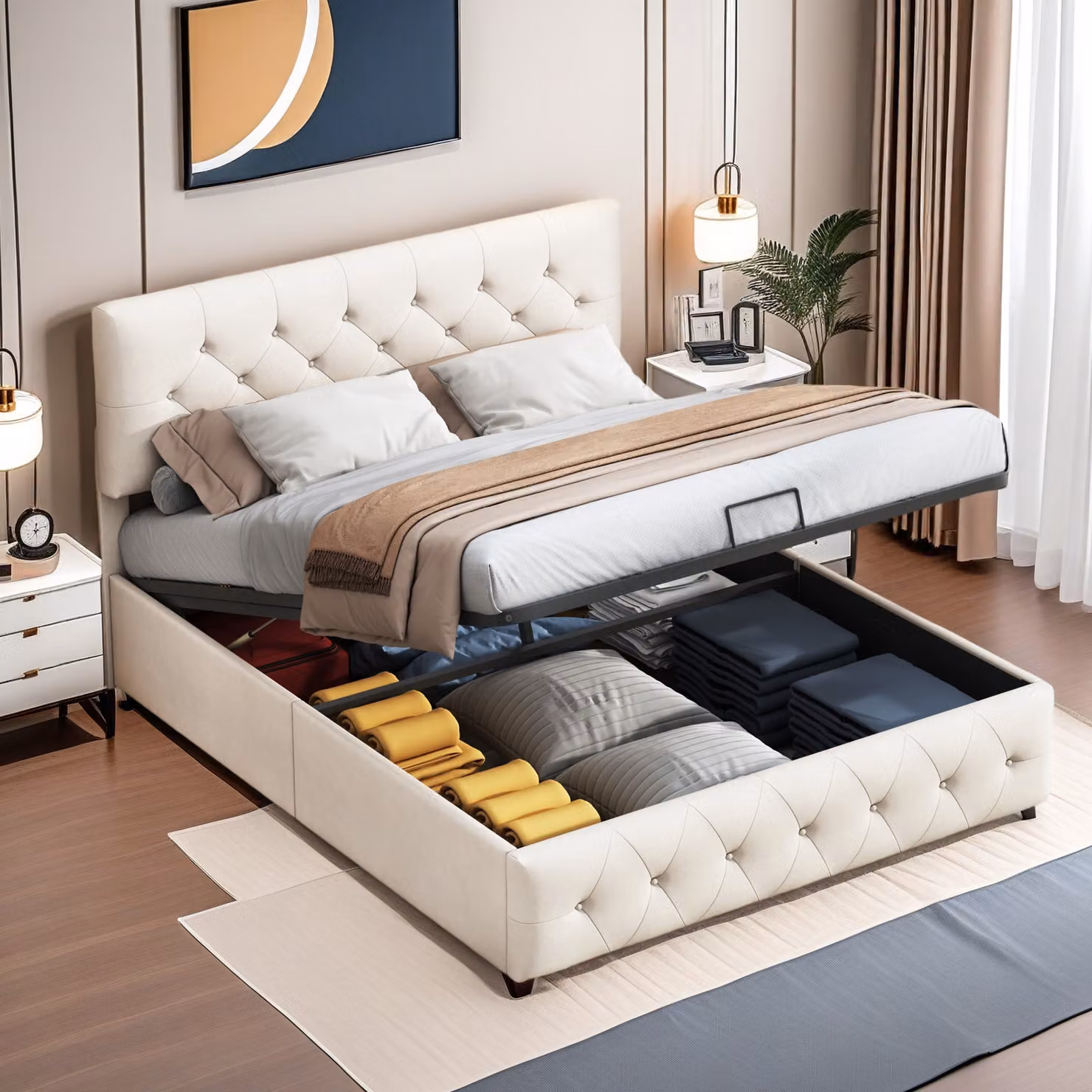 ProximaX 140x200cm Letto imbottito beige con rete a doghe, giroletto, testata - letto a molle in velluto per adulti e coppie
