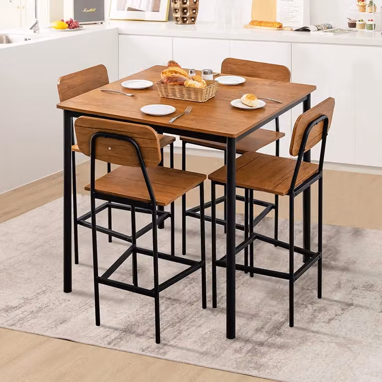 Tavolo da pranzo COSTWAY con 4 sgabelli da bar, tavolo da cucina ad altezza d'uomo, struttura in metallo, gruppo da pranzo per 4 persone, set da tavolo da bar 5 pezzi, gruppo di sedute marrone, per cucina, sala da pranzo, ristorante